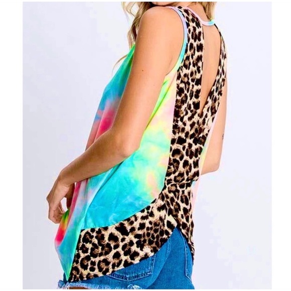 1 LEFT! V Back Leopard Print Tie Dye Lightweight Summer Sleeveless Top - Picture 8 of 8